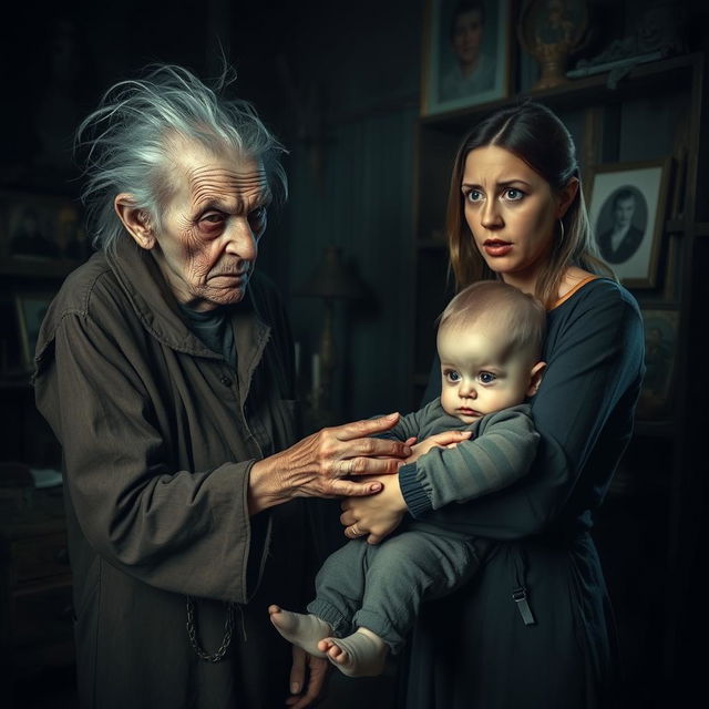 A chilling scene featuring an old woman with an unsettling expression, attempting to take a one-year-old boy from his mother