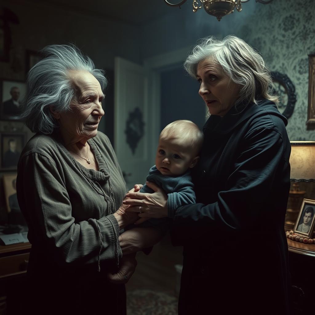 A chilling scene featuring an old woman with an unsettling expression, attempting to take a one-year-old boy from his mother