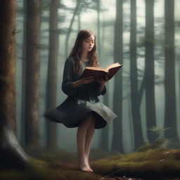 An ultra-realistic 4K image featuring a dark, dense forest with a girl levitating in the center, holding a book