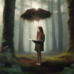 An ultra-realistic 4K image featuring a dark, dense forest with a girl levitating in the center, holding a book
