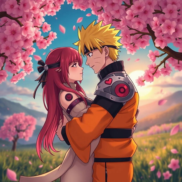 A romantic scene featuring Naruto Uzumaki and Erza Scarlet in a vibrant fantasy landscape