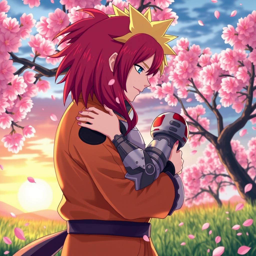 A romantic scene featuring Naruto Uzumaki and Erza Scarlet in a vibrant fantasy landscape