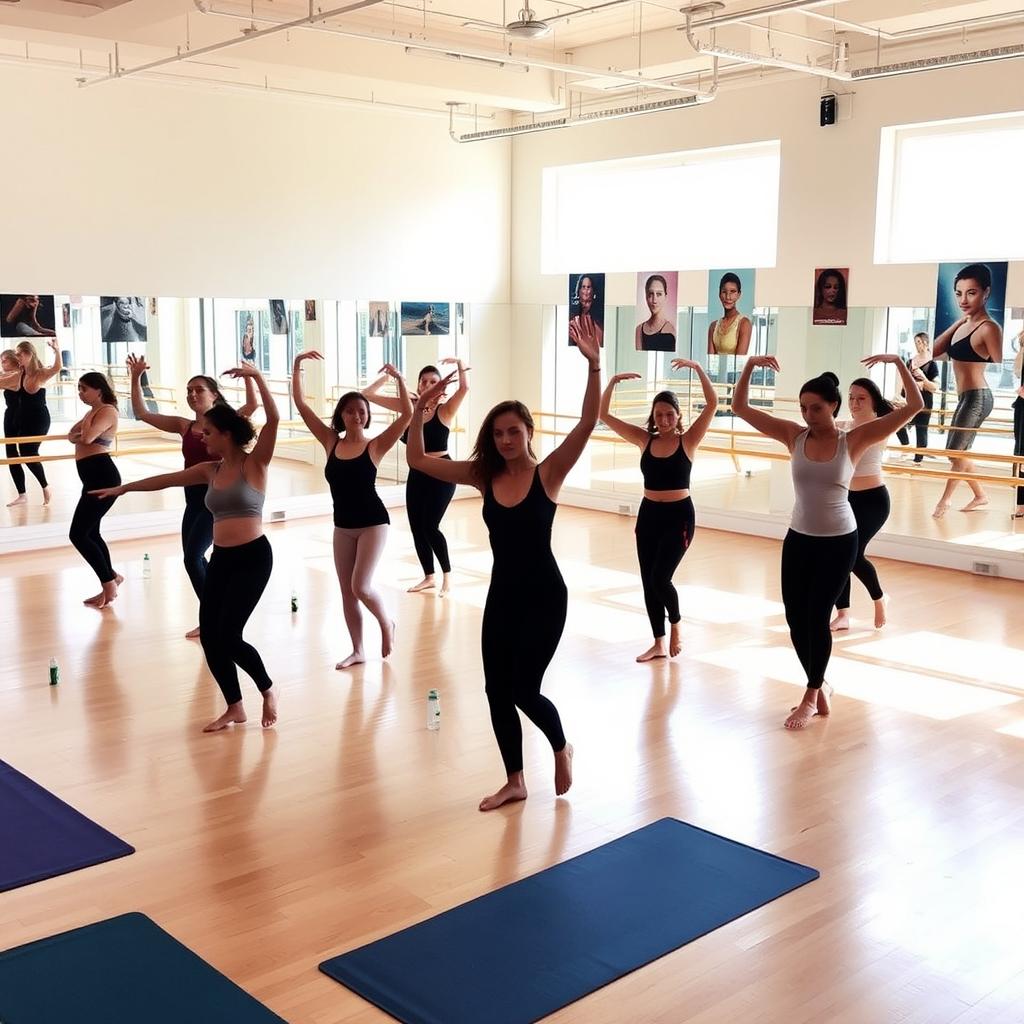 A spacious, bright dance studio with large mirrors on one wall, wooden floors reflecting the sunlight streaming through big windows