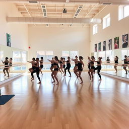 A spacious, bright dance studio with large mirrors on one wall, wooden floors reflecting the sunlight streaming through big windows
