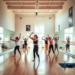 A spacious, bright dance studio with large mirrors on one wall, wooden floors reflecting the sunlight streaming through big windows