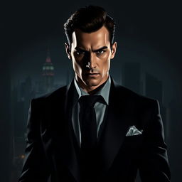 A mysterious secret agent standing against a dark background