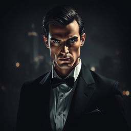 A mysterious secret agent standing against a dark background