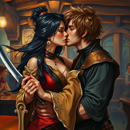 An enchanting oil painting of a fantasy character couple, featuring a 24-year-old Japanese pirate-samurai with flowing black hair and mesmerizing dark hazel eyes