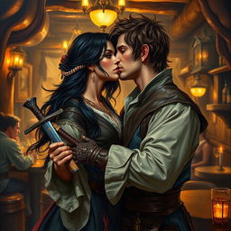 An enchanting oil painting of a fantasy character couple, featuring a 24-year-old Japanese pirate-samurai with flowing black hair and mesmerizing dark hazel eyes
