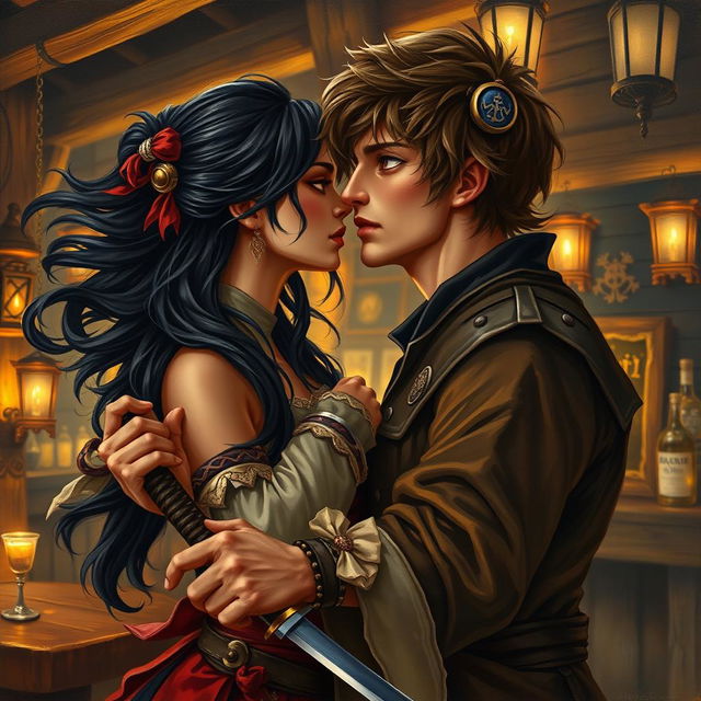 An enchanting oil painting of a fantasy character couple, featuring a 24-year-old Japanese pirate-samurai with flowing black hair and mesmerizing dark hazel eyes