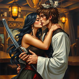 An enchanting oil painting of a fantasy character couple, featuring a 24-year-old Japanese pirate-samurai with flowing black hair and mesmerizing dark hazel eyes