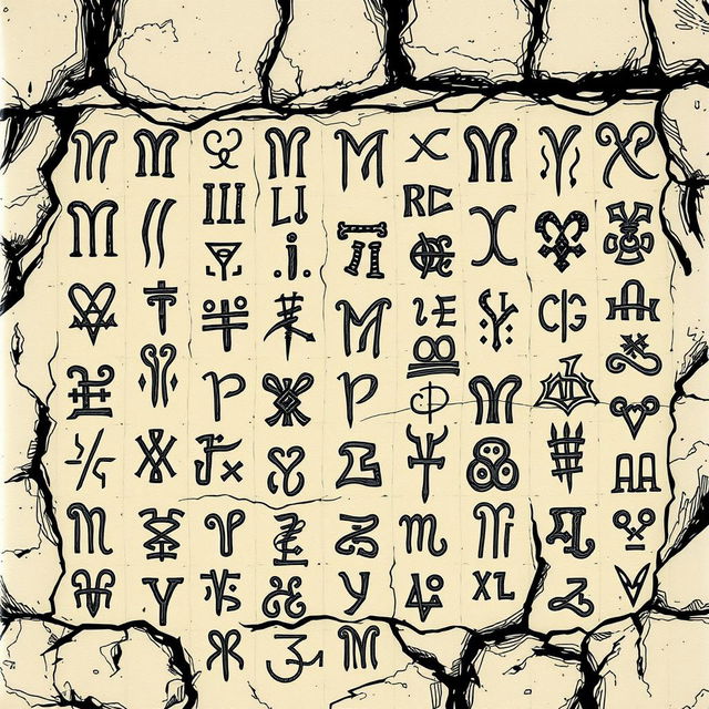 A hand-drawn American comic style illustration of a wall covered in rune inscriptions