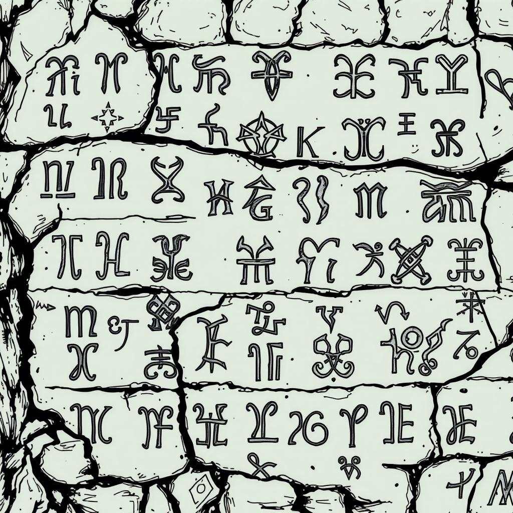 A hand-drawn American comic style illustration of a wall covered in rune inscriptions