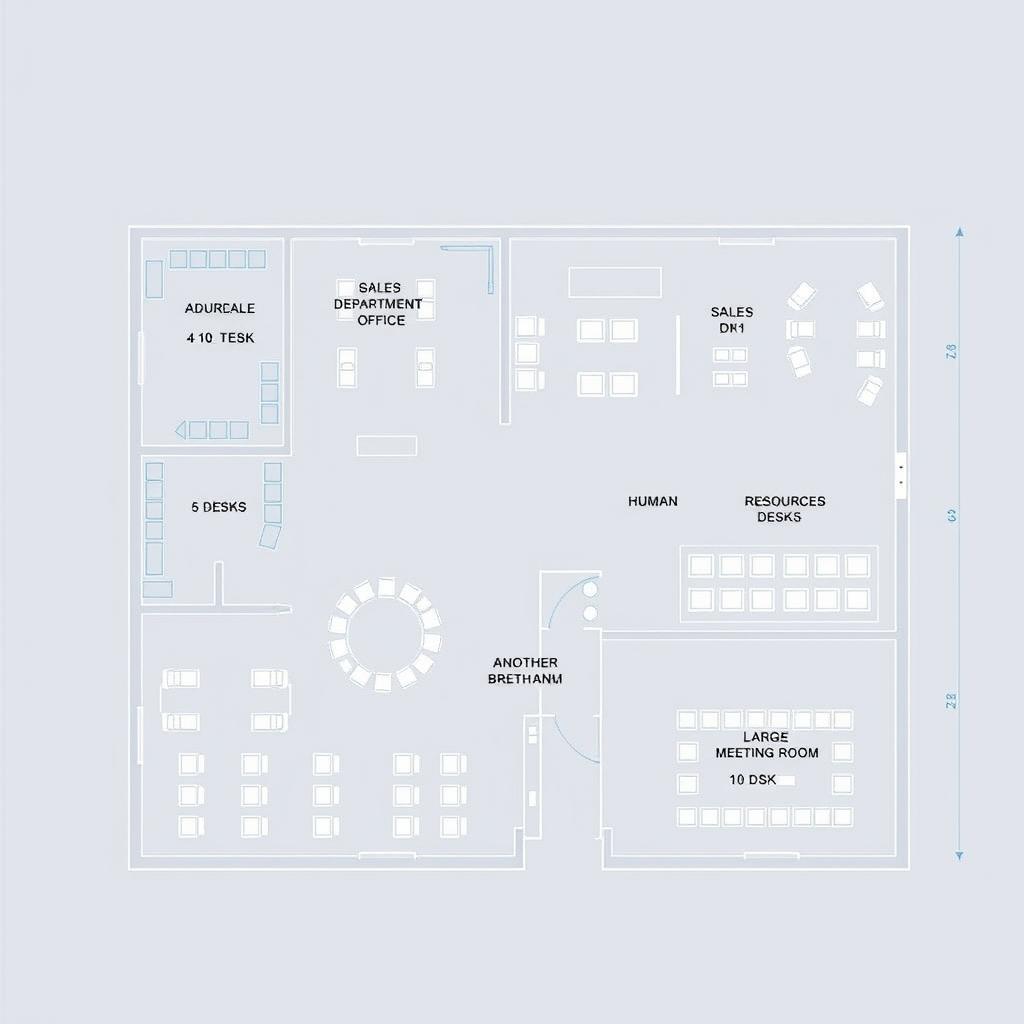 A detailed blueprint of a corporate office layout featuring various areas: an administrative office with 10 desks, a break room, a sales department with 5 desks, a human resources department with 5 desks, a large meeting room with 20 desks, and another break room with 10 desks