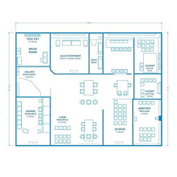 A detailed blueprint of a corporate office layout featuring various areas: an administrative office with 10 desks, a break room, a sales department with 5 desks, a human resources department with 5 desks, a large meeting room with 20 desks, and another break room with 10 desks