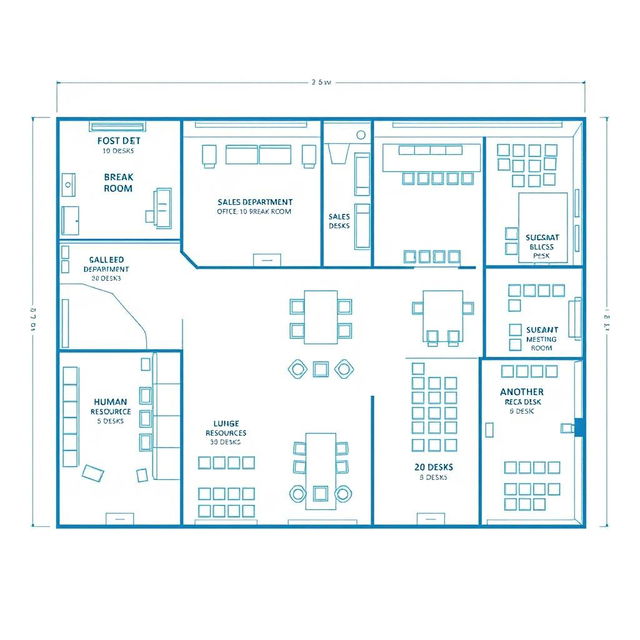 A detailed blueprint of a corporate office layout featuring various areas: an administrative office with 10 desks, a break room, a sales department with 5 desks, a human resources department with 5 desks, a large meeting room with 20 desks, and another break room with 10 desks