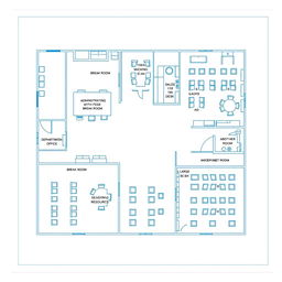 A detailed blueprint of a corporate office layout featuring various areas: an administrative office with 10 desks, a break room, a sales department with 5 desks, a human resources department with 5 desks, a large meeting room with 20 desks, and another break room with 10 desks