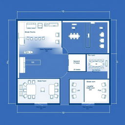 A detailed blueprint of a corporate office layout featuring various areas: an administrative office with 10 desks, a break room, a sales department with 5 desks, a human resources department with 5 desks, a large meeting room with 20 desks, and another break room with 10 desks