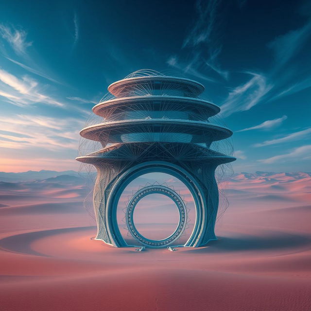 A mesmerizing digital art piece showcasing a futuristic structure prominently set in the center of a desert-like landscape