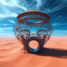A mesmerizing digital art piece showcasing a futuristic structure prominently set in the center of a desert-like landscape