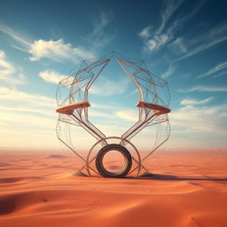 A mesmerizing digital art piece showcasing a futuristic structure prominently set in the center of a desert-like landscape