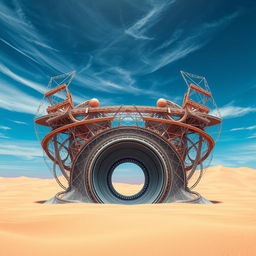 A mesmerizing digital art piece showcasing a futuristic structure prominently set in the center of a desert-like landscape