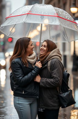 A romantic scene featuring a couple sharing an umbrella during a gentle rain