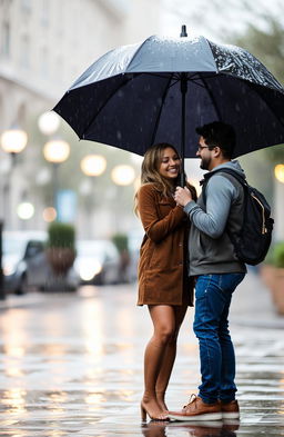 A romantic scene featuring a couple sharing an umbrella during a gentle rain