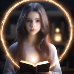 A strikingly realistic 4K image showcasing a girl with long brown hair in the middle, holding a book