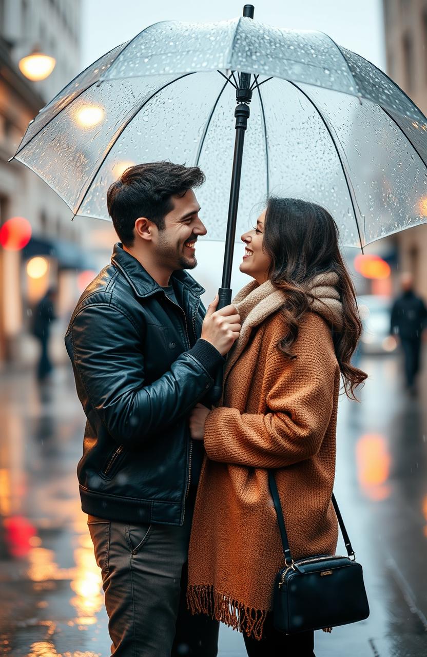 A romantic scene featuring a couple sharing an umbrella during a gentle rain