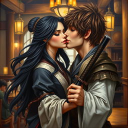 A beautiful oil painting of a fantasy character couple, featuring a 24-year-old Japanese samurai with flowing black hair and deep dark hazel eyes
