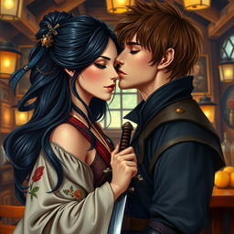 A beautiful oil painting of a fantasy character couple, featuring a 24-year-old Japanese samurai with flowing black hair and deep dark hazel eyes