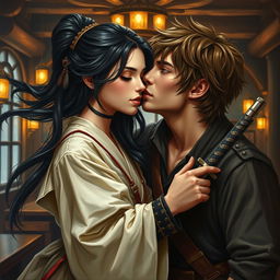 A beautiful oil painting of a fantasy character couple, featuring a 24-year-old Japanese samurai with flowing black hair and deep dark hazel eyes