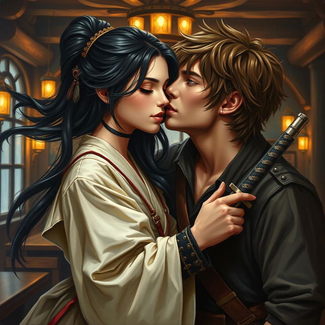 A beautiful oil painting of a fantasy character couple, featuring a 24-year-old Japanese samurai with flowing black hair and deep dark hazel eyes