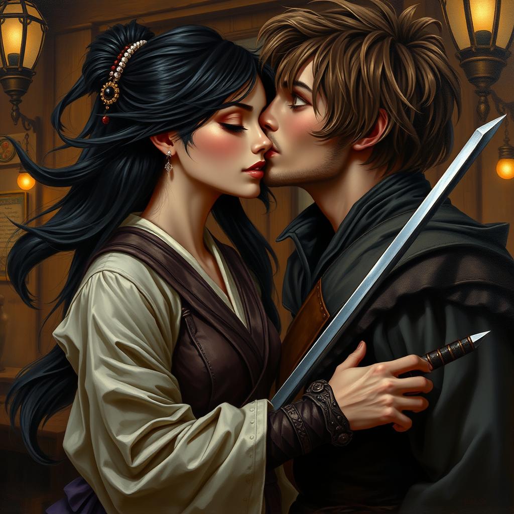 A beautiful oil painting of a fantasy character couple, featuring a 24-year-old Japanese samurai with flowing black hair and deep dark hazel eyes