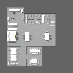 A comprehensive office layout plan illustrating a corporate space with distinct areas: an administrative office containing 10 desks, a break room with 10 desks, a sales department featuring 5 desks, a human resources department with 5 desks, a large meeting room equipped with 20 desks, and an additional break room also holding 10 desks