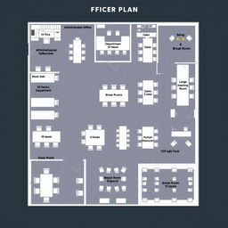 A comprehensive office layout plan illustrating a corporate space with distinct areas: an administrative office containing 10 desks, a break room with 10 desks, a sales department featuring 5 desks, a human resources department with 5 desks, a large meeting room equipped with 20 desks, and an additional break room also holding 10 desks