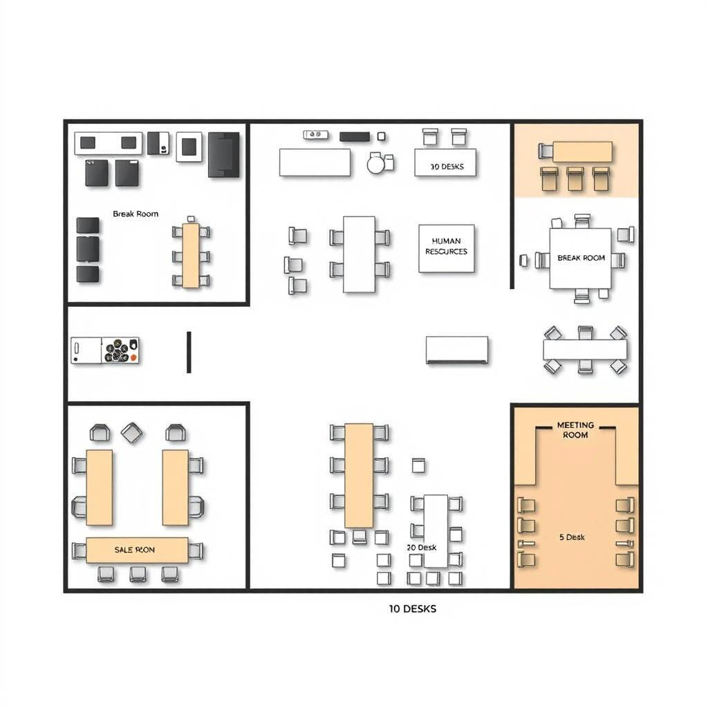 A comprehensive office layout plan illustrating a corporate space with distinct areas: an administrative office containing 10 desks, a break room with 10 desks, a sales department featuring 5 desks, a human resources department with 5 desks, a large meeting room equipped with 20 desks, and an additional break room also holding 10 desks