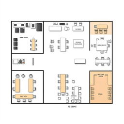 A comprehensive office layout plan illustrating a corporate space with distinct areas: an administrative office containing 10 desks, a break room with 10 desks, a sales department featuring 5 desks, a human resources department with 5 desks, a large meeting room equipped with 20 desks, and an additional break room also holding 10 desks