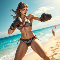 An imposing female character inspired by Widowmaker wearing a stylish bikini, standing in a dynamic boxing pose on a vibrant beach
