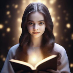 A strikingly realistic 4K image showcasing a girl with long brown hair in the middle, holding a book