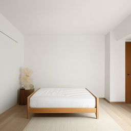 A minimalist bedroom featuring elegant wooden furniture against pristine white walls, bathed in soft, natural light.