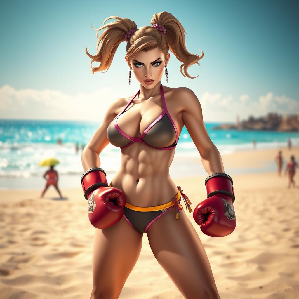 An imposing female character inspired by Widowmaker wearing a stylish bikini, standing in a dynamic boxing pose on a vibrant beach