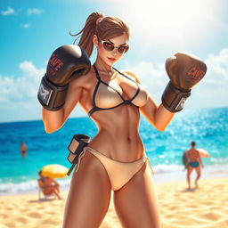 An imposing female character inspired by Widowmaker wearing a stylish bikini, standing in a dynamic boxing pose on a vibrant beach