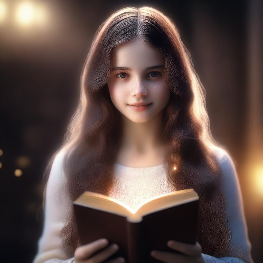 A strikingly realistic 4K image showcasing a girl with long brown hair in the middle, holding a book