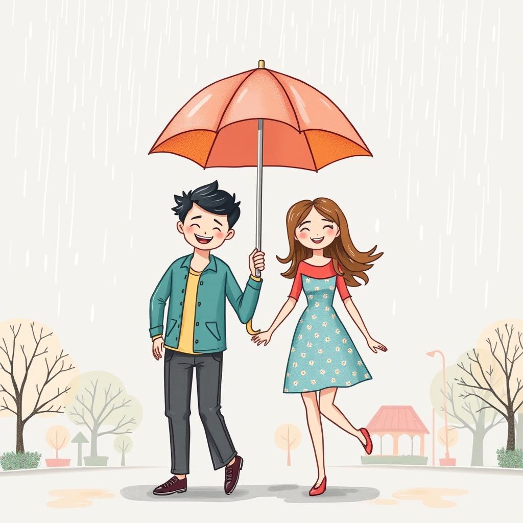 A charming illustration of a couple holding hands under the rain, showcasing their love and connection