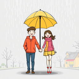 A charming illustration of a couple holding hands under the rain, showcasing their love and connection