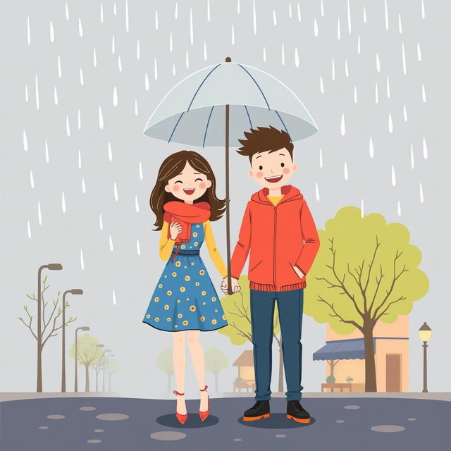 A charming illustration of a couple holding hands under the rain, showcasing their love and connection