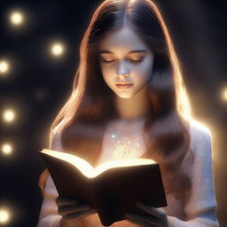 A strikingly realistic 4K image showcasing a girl with long brown hair in the middle, holding a book