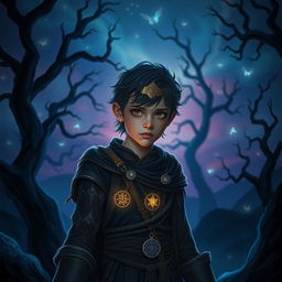 In a dark and mystical kingdom where the sun never rises, a young cursed prince with an intriguing yet somber expression navigates through a hauntingly beautiful landscape of eternal night